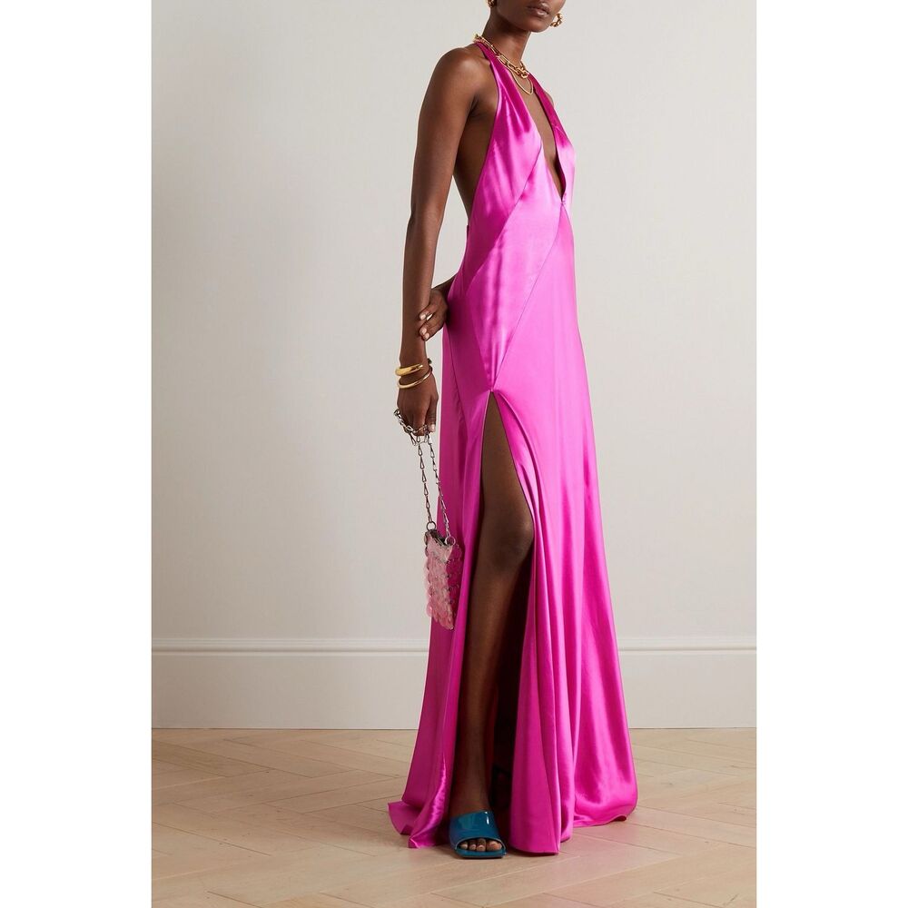 Michael Lo Sordo Hot Pink Satin Halter Maxi Dress